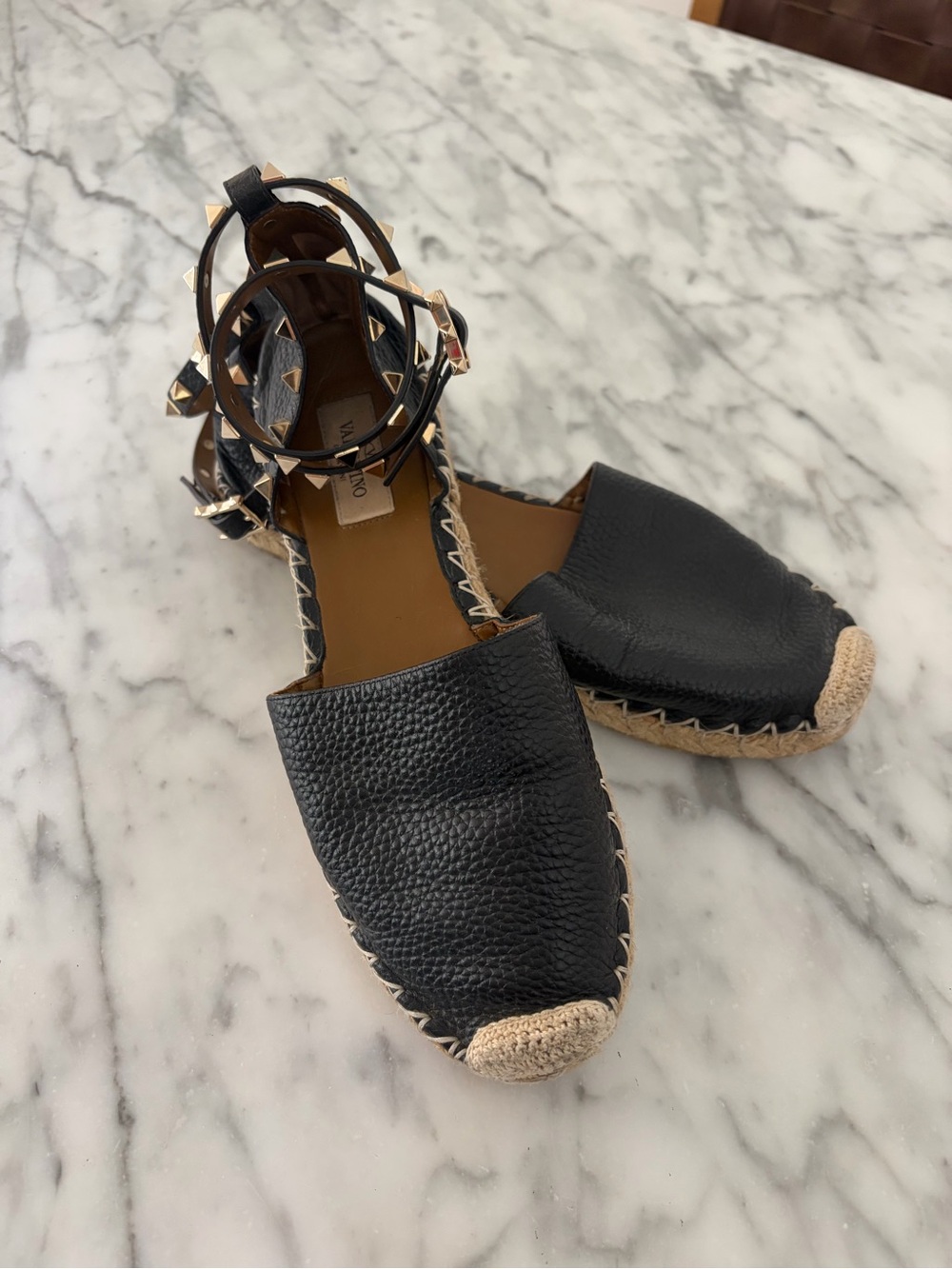 Authentic Valentino Black Leather Rockstud Espadrille Flats